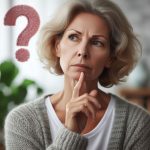 A middle-aged woman looking puzzled with a question mark next to her head.