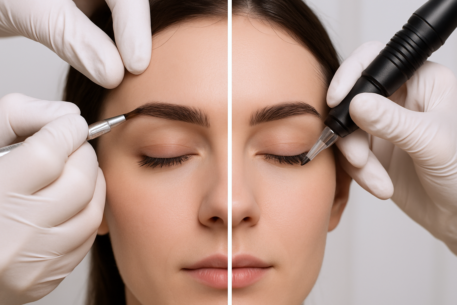 A split image showing a comparison between Microblading and Machine.