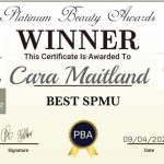 Certificate of winner Cara Maitland (Cosmetic Tattoo Clinic Manchester) for Best SPMU 